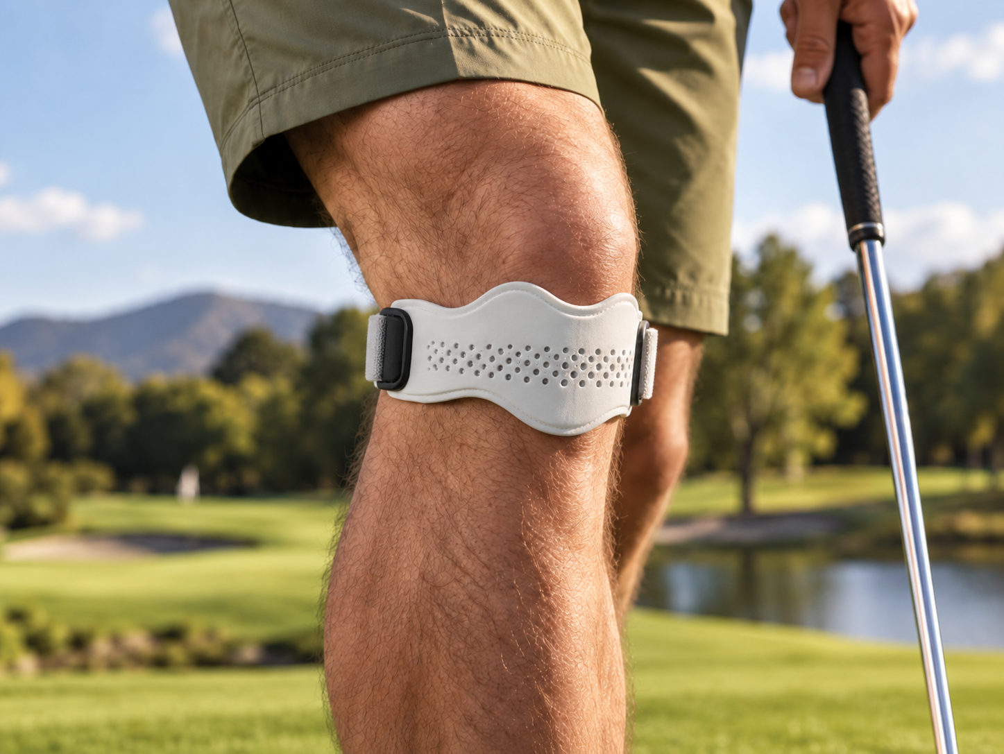 Close-up of the knee support being worn
