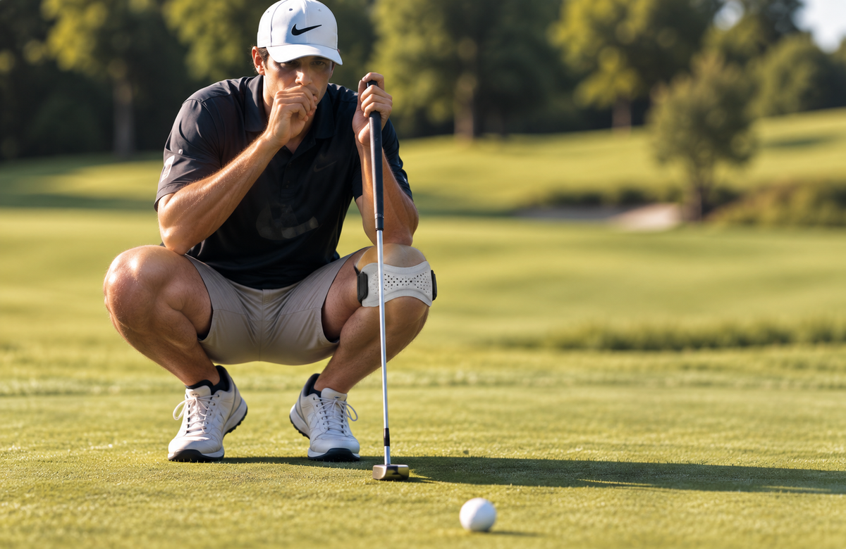 Golfer reading a putt around the green